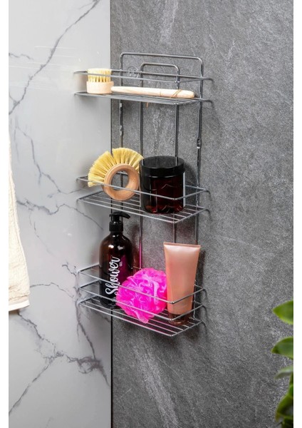 Banyo Rafı 3 Katlı Lamalı Şampuanlık Hem Vidalı Hem Yapışkan Stickerlı Krom