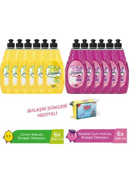 Bulaşık Paketi 500 ml Limon x 6 + Bubble x 6 + Bulaşık Süngeri Hediyeli