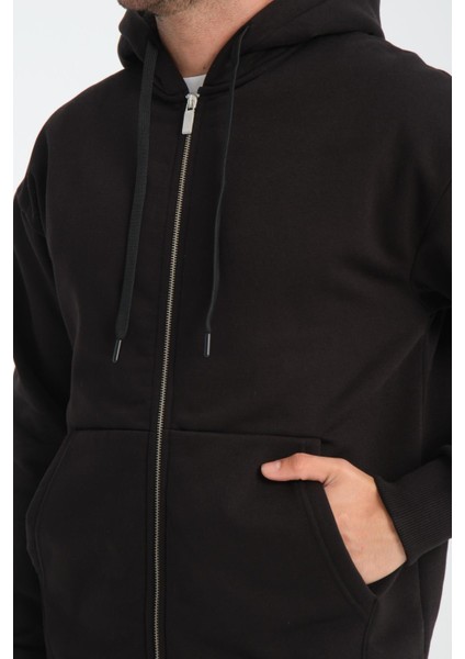 İçi Peluş Üç İp Kumaş Oversize Fermuarlı Kapüşonlu Sweatshirt- Siyah