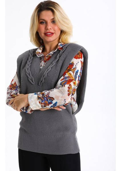 Kadın V Yaka Selanik Örgü Triko Süveter 009