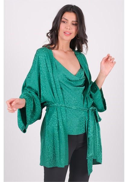 Misiana Leopar Jakarlı Kimono Yeşil