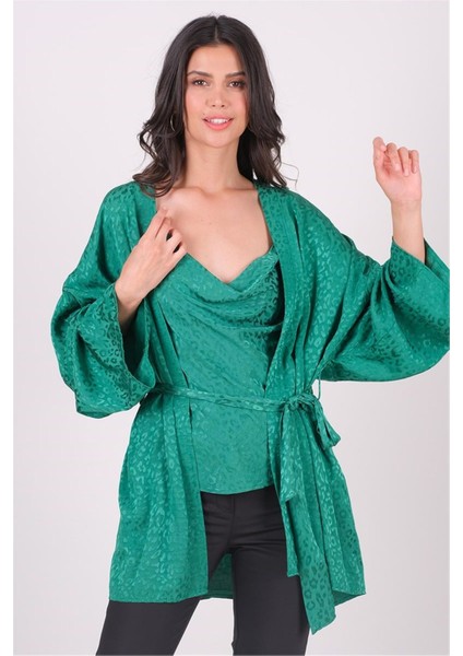 Misiana Leopar Jakarlı Kimono Yeşil