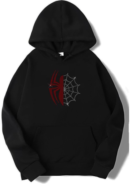 Unisex Oversize Taşlı Spider Hoodie