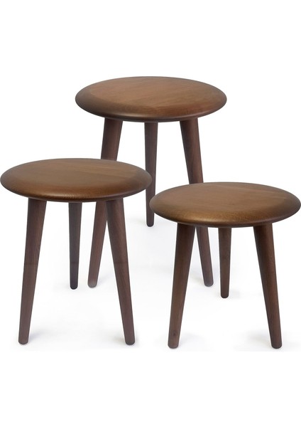 Masif Kayın Tabure Sehpa 3'lü Set Saksılık Üç Ayaklı Yuvarlak Ceviz