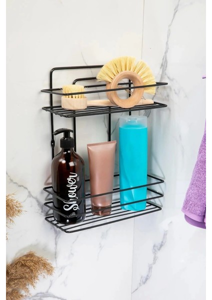 Banyo Rafı 2 Katlı Siyah Şampuanlık Hem Vidalı Hem Yapışkan Stickerlı