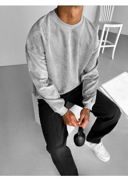 Erkek Oversize Kadife Dokulu Sweatshirt Gri