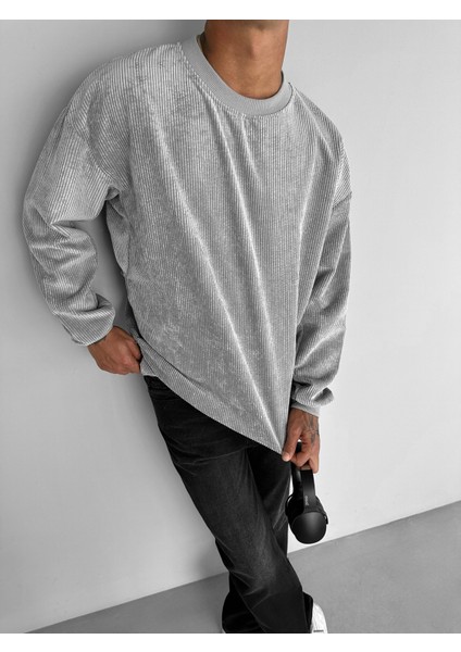 Erkek Oversize Kadife Dokulu Sweatshirt Gri