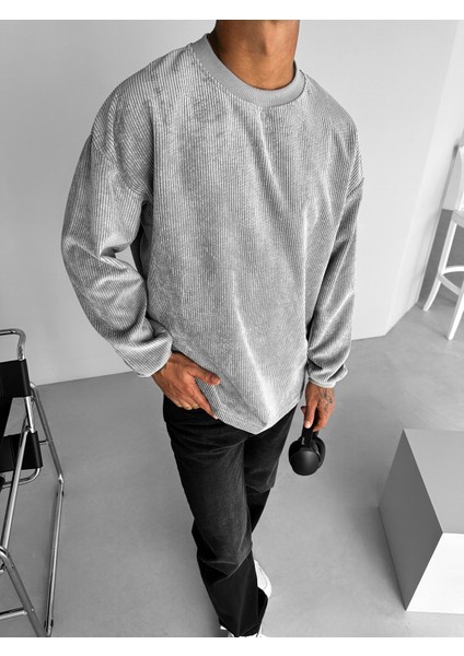 Erkek Oversize Kadife Dokulu Sweatshirt Gri
