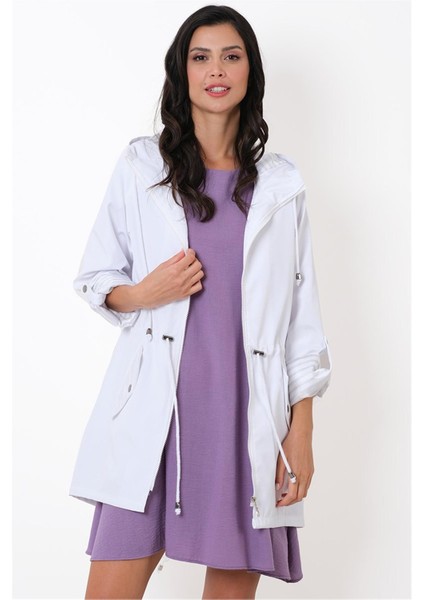 Clemente Kapüşonlu Ayarlanabilir Beli Büzgülü Katlamalı Kol Mont BEYAZ