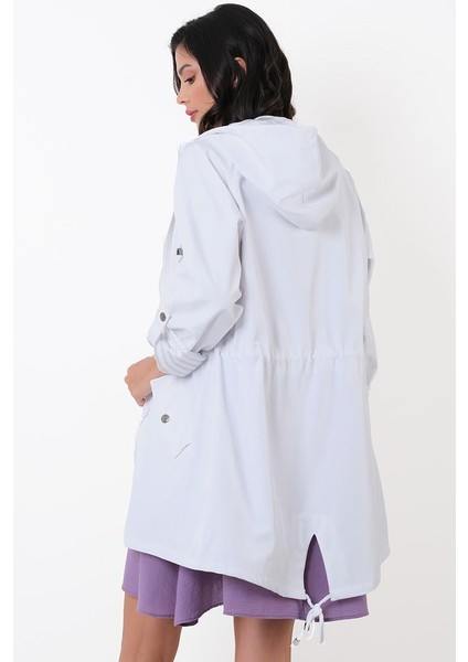 Clemente Kapüşonlu Ayarlanabilir Beli Büzgülü Katlamalı Kol Mont BEYAZ