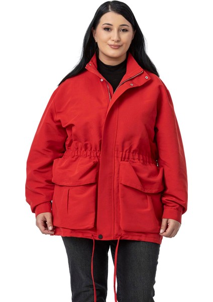 Büyük Beden Çıtçıt ve Fermuar Kapamalı Beli Büzgülü Astarlı Kırmızı Trençkot