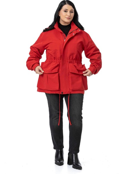 Büyük Beden Çıtçıt ve Fermuar Kapamalı Beli Büzgülü Astarlı Kırmızı Trençkot fiyatları