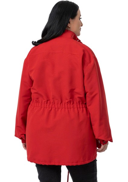 Büyük Beden Çıtçıt ve Fermuar Kapamalı Beli Büzgülü Astarlı Kırmızı Trençkot modelleri