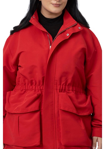 Büyük Beden Çıtçıt ve Fermuar Kapamalı Beli Büzgülü Astarlı Kırmızı Trençkot fırsatları