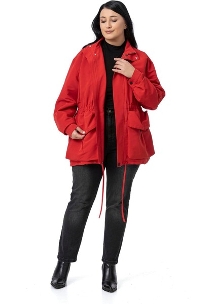 Büyük Beden Çıtçıt ve Fermuar Kapamalı Beli Büzgülü Astarlı Kırmızı Trençkot indirimleri