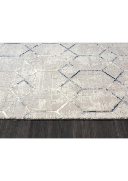 Soft 1805 Gri Halı Lacivert Detaylı Geometrik Desenli Modern Akrilik Tozuaz Salon Halısı Koridor