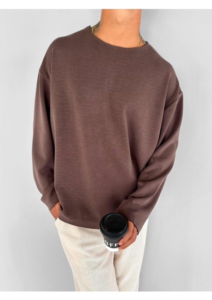 Erkek Oversize Basic Uzun Kollu Sweatshirt Kahverengi