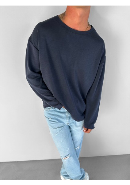 Erkek Oversize Basic Uzun Kollu Sweatshirt Lacivert