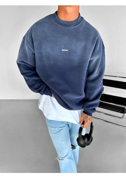 Erkek Rahat Kalıp Baskılı Yuvarlak Yaka Sweatshirt Mavi