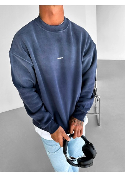 Erkek Rahat Kalıp Baskılı Yuvarlak Yaka Sweatshirt Mavi
