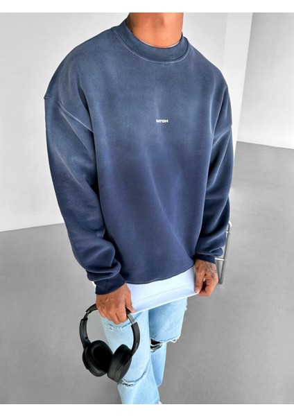 Erkek Rahat Kalıp Baskılı Yuvarlak Yaka Sweatshirt Mavi