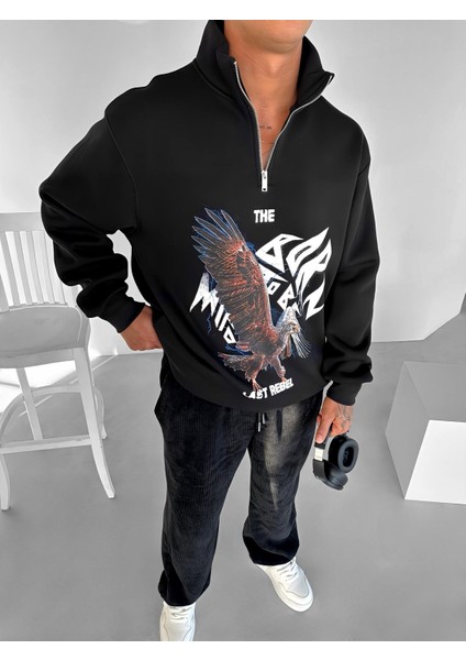 Erkek Rahat Kalıp Baskılı Yarım Fermuarlı Sweatshirt Siyah