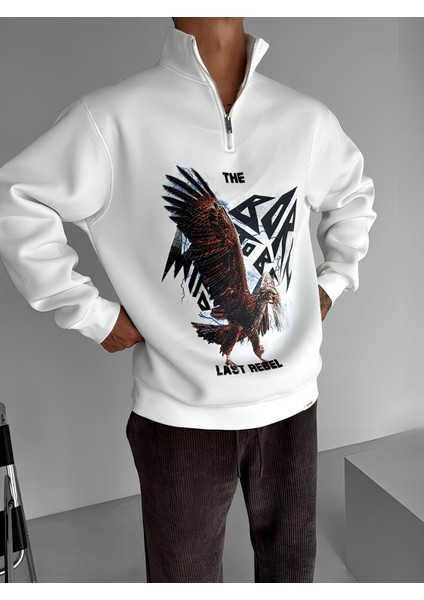 Erkek Rahat Kalıp Baskılı Yarım Fermuarlı Sweatshirt Ekru