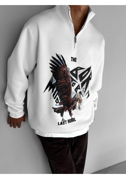 Erkek Rahat Kalıp Baskılı Yarım Fermuarlı Sweatshirt Ekru fiyatları