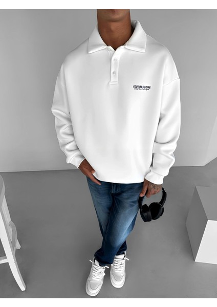Erkek Rahat Kalıp Baskılı Polo Yaka Sweatshirt Ekru