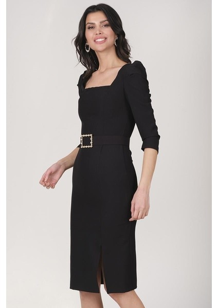 Matchel U Yaka Yırtmaçlı Taşlı Kemerli Elbise SİYAH indirimleri