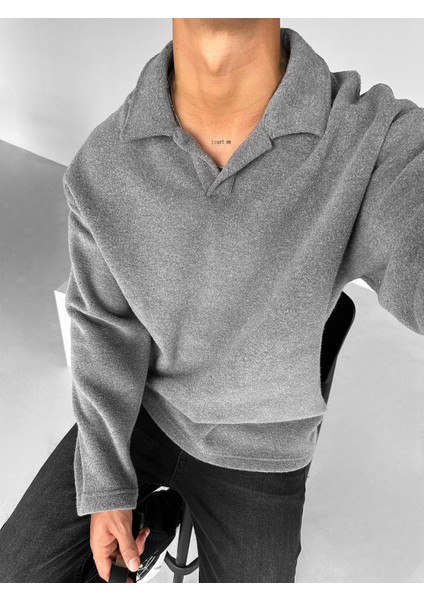Erkek Polo Yaka Polar Sweatshirt Füme modelleri