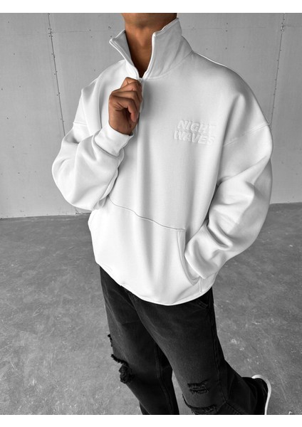 Erkek Oversize Yarım Fermuarlı Dik Yakalı Baskılı Sweatshirt Ekru