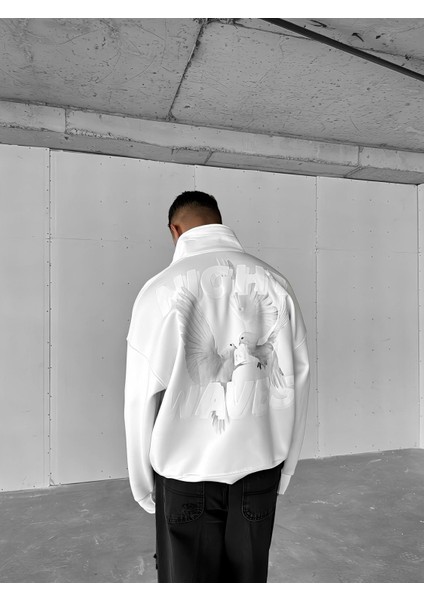 Erkek Oversize Yarım Fermuarlı Dik Yakalı Baskılı Sweatshirt Ekru