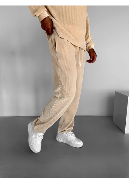 Erkek Jogger Esnek Rahat Beli Lastikli Fitilli Kadife Pantolon Bej