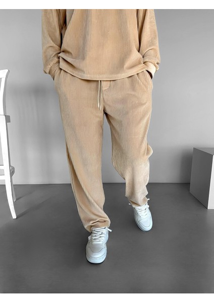 Erkek Jogger Esnek Rahat Beli Lastikli Fitilli Kadife Pantolon Bej modelleri