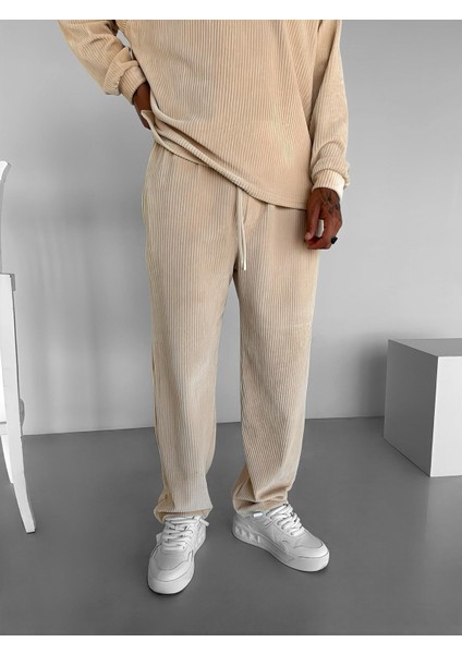 Erkek Jogger Esnek Rahat Beli Lastikli Fitilli Kadife Pantolon Bej fırsatları