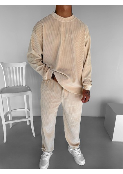 Erkek Jogger Esnek Rahat Beli Lastikli Fitilli Kadife Pantolon Bej indirimleri