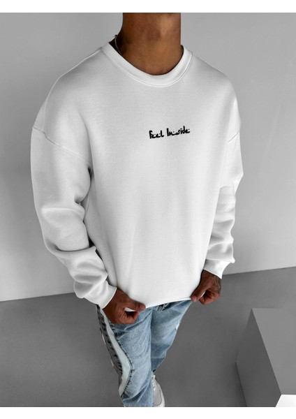 Erkek Rahat Kalıp Baskılı Yuvarlak Yaka Sweatshirt Ekru