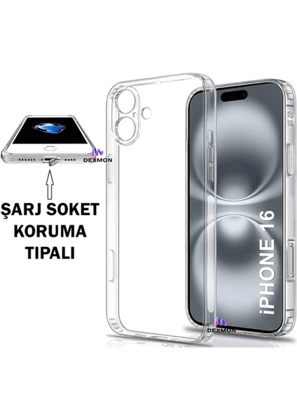 iPhone 16 Şeffaf Kılıf Kamera Korumalı ve Şarj Soket Tıpalı Elden Kaydırmaz Esnek Silikon