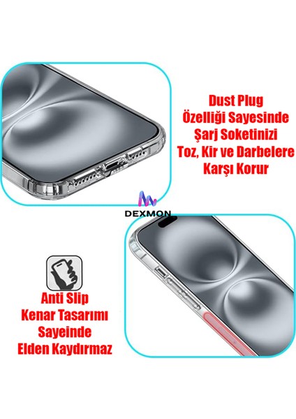 iPhone 16 Şeffaf Kılıf Kamera Korumalı ve Şarj Soket Tıpalı Elden Kaydırmaz Esnek Silikon