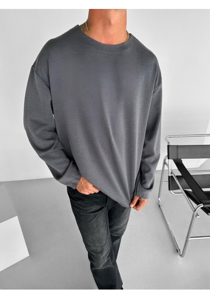 Erkek Oversize Basic Uzun Kollu Sweatshirt Antrasit