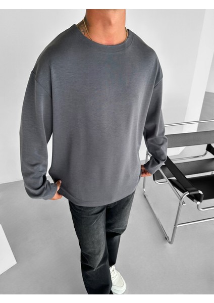 Erkek Oversize Basic Uzun Kollu Sweatshirt Antrasit