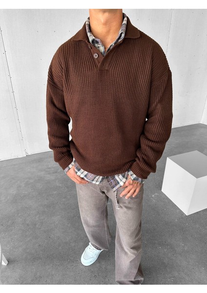 Erkek Rahat Kalıp Düğmeli Polo Yaka Kazak Kahverengi
