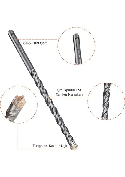 DA03901 10 Parça Tungsten Karbür Sds-Plus Beton Matkap Uç Seti