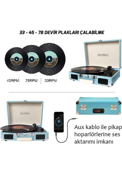Record Master T310CH Şarj Özellikli Pikap - 33, 45, 78 Devir T310CH- Mavi (Turkuaz) Pikap modelleri