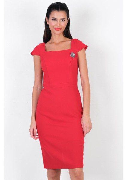 Orestino Kare Yaka Mendil Kol Elbise KIRMIZI