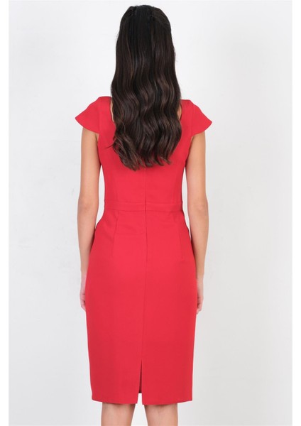 Orestino Kare Yaka Mendil Kol Elbise KIRMIZI modelleri