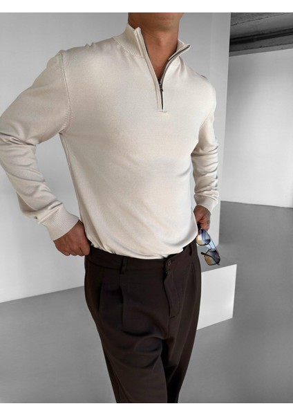 Erkek Yarım Fermuarlı Polo Yaka Kazak Bej