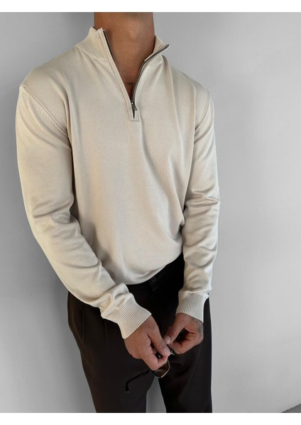 Erkek Yarım Fermuarlı Polo Yaka Kazak Bej fiyatları