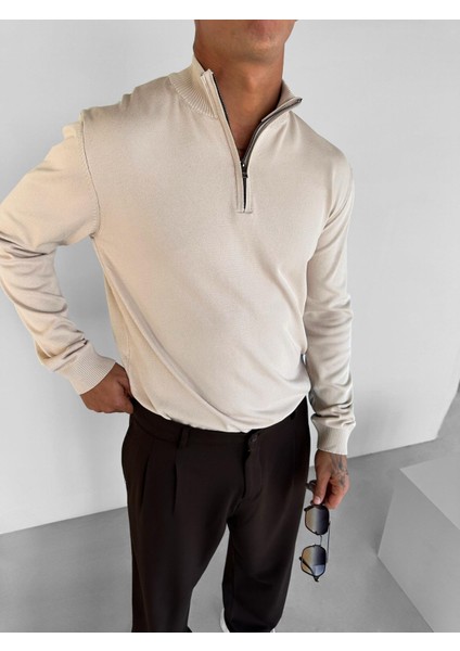 Erkek Yarım Fermuarlı Polo Yaka Kazak Bej modelleri